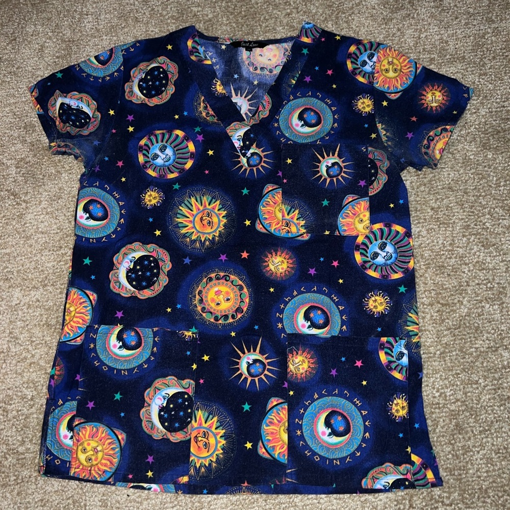 Just Love Cosmic Solar Sun Moon Unisex Scrub Top, size XS